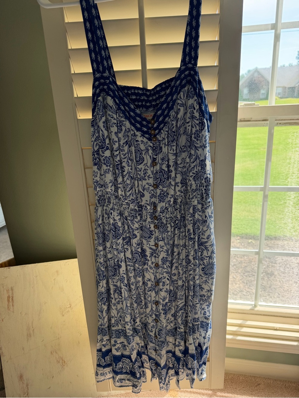 Knox Rose Blue and White Floral Sundress with Button Front and pockets